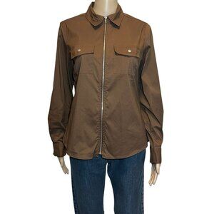 Tracy M. Women's Top Shirt Medium Size Brown Long Sleeve Y2K Full Zip Casual